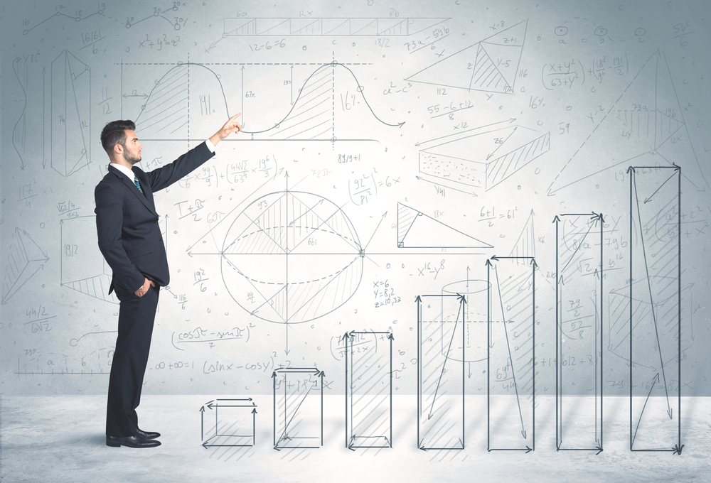 Business man climbing up on hand drawn graphs concept on background